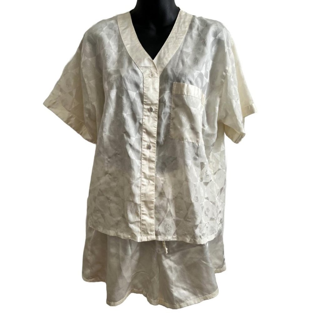 Vintage 1980s La Nuit Intimates Ivory Satin Pajama Set